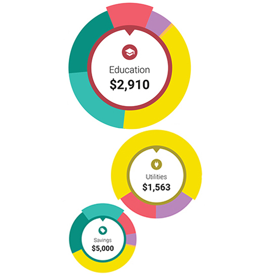 Three circular pie charts visualizing financial spending in categories: Education ($2,910), Utilities ($1,563), and Savings ($5,000)